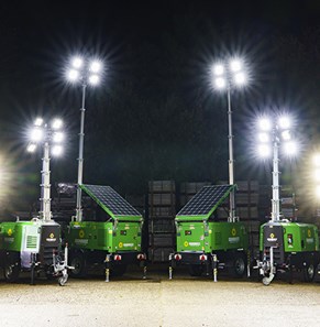 Sunbelt Rentals Tower Lights Illuminated At Night
