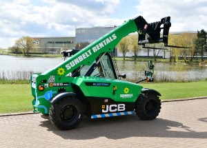 Sunbelt Rentals green electric telehandler outdoors